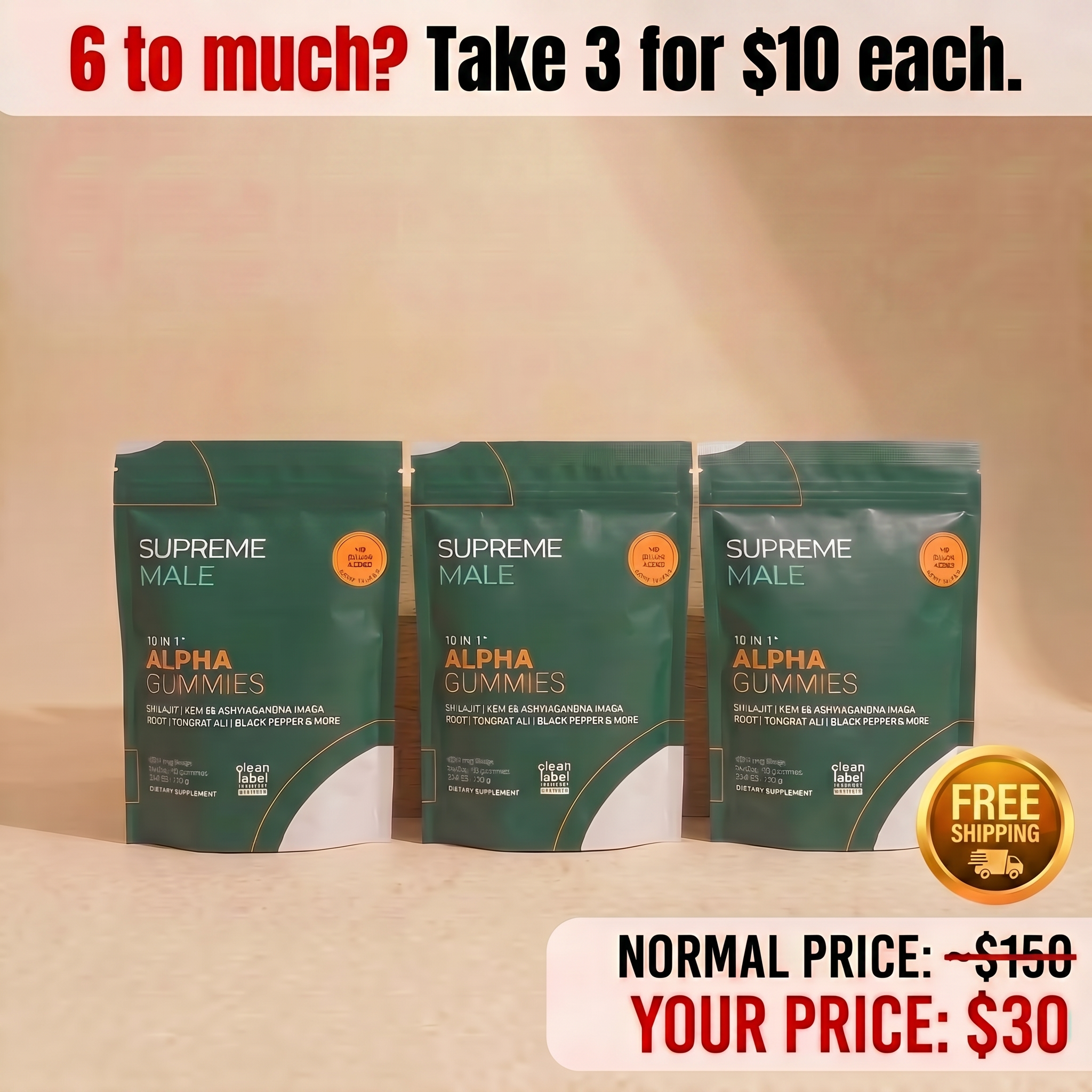 3 x SUPREMEMALE™ | 10-In-1 Natural T-Support